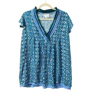 Goa Beachwear by Japna blue teal boho floral fringe beach swim coverup Top Small